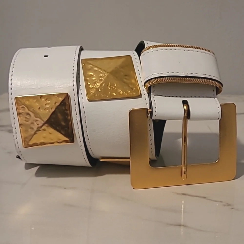 VR San Marcos White Leather Gold Square Hammered Metal Details Belt Sz L 28-32